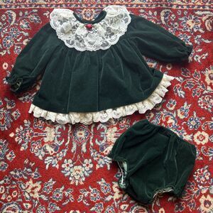 Vintage JoLene Baby Dress & Bloomers 12 Mos Green Velvet Lace Ruffles USA